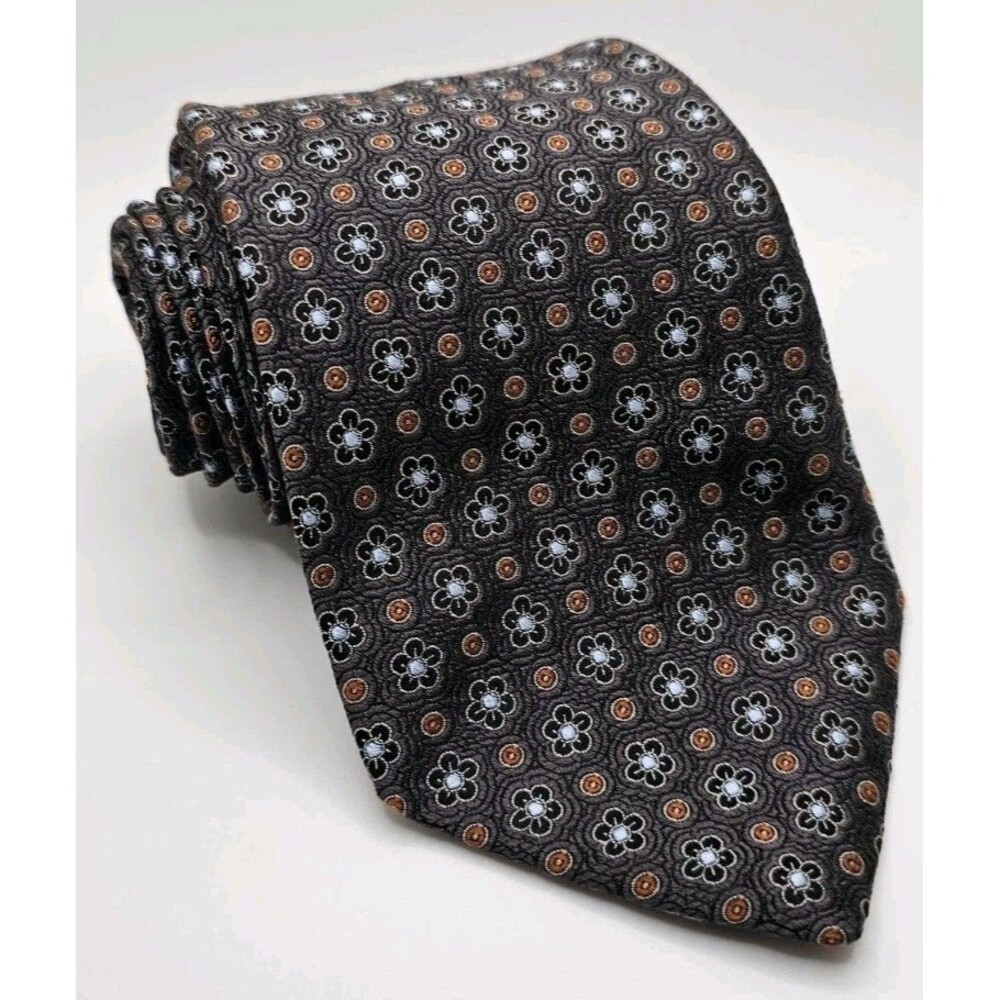 Ike Behar New York Luxury 100% Silk Tie In Grey Orange Blue Floral Pattern USA